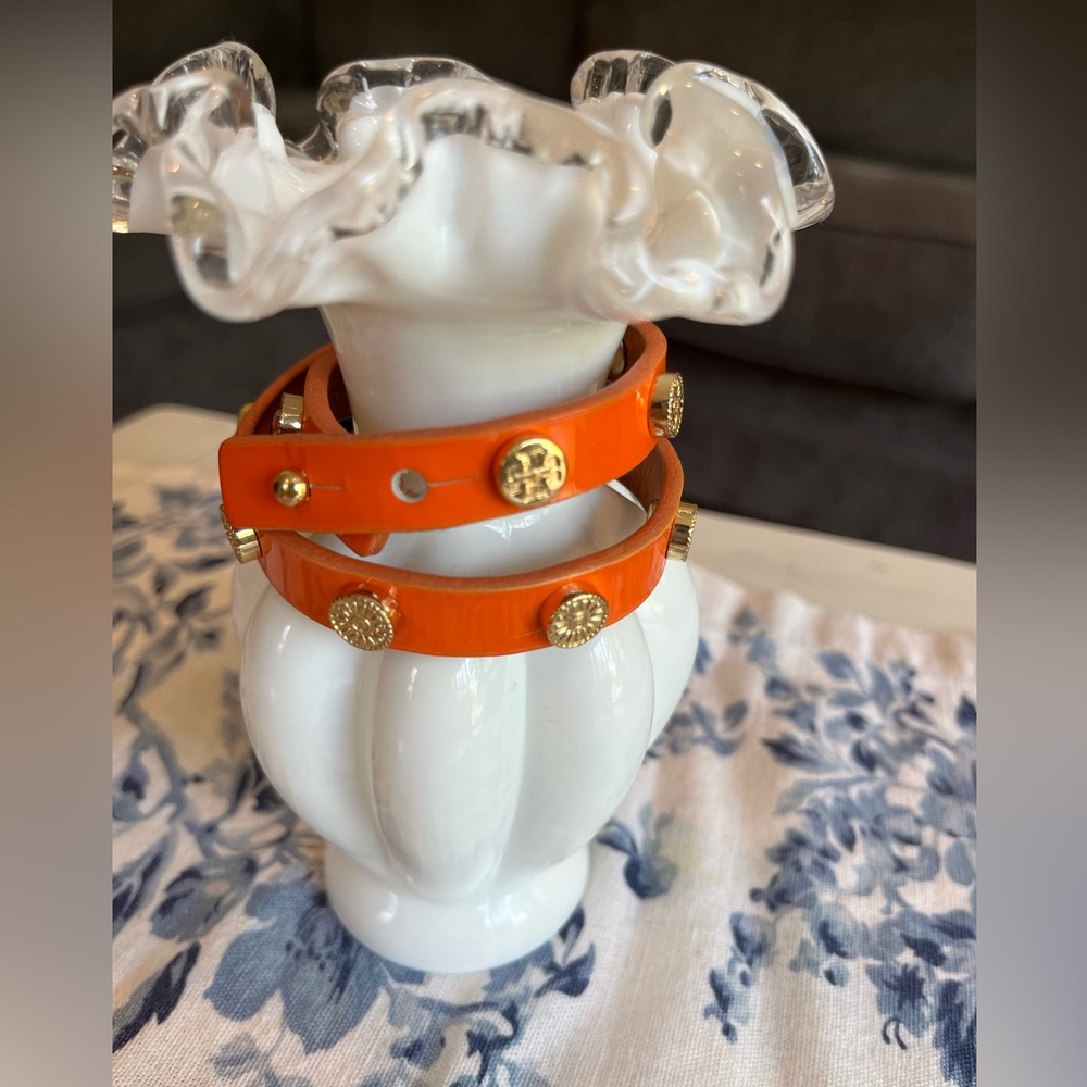 Tory Burch Orange Patent Lesther Sunflower Double Wrap Bracelet